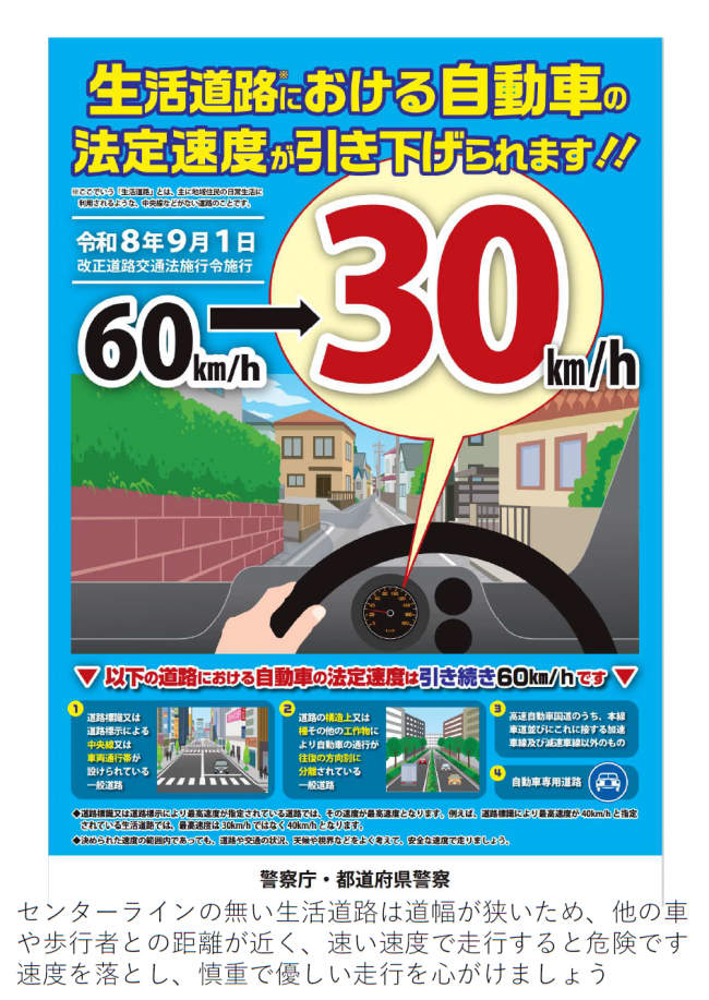 生活道路における自動車の法定速度引き下げ