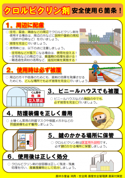 土壌消毒剤を安全に使うための、周辺への配慮や使用上の注意をうたったポスター