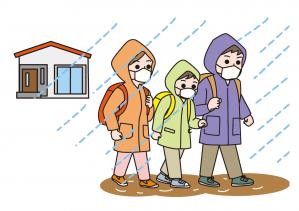 雨が降っている中避難している家族のイラスト