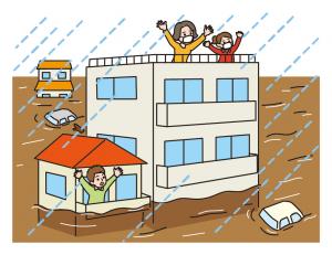 家が浸水し助けを求めている人のイラスト