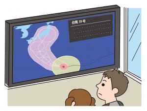 テレビで台風の進路を確認する人のイラスト